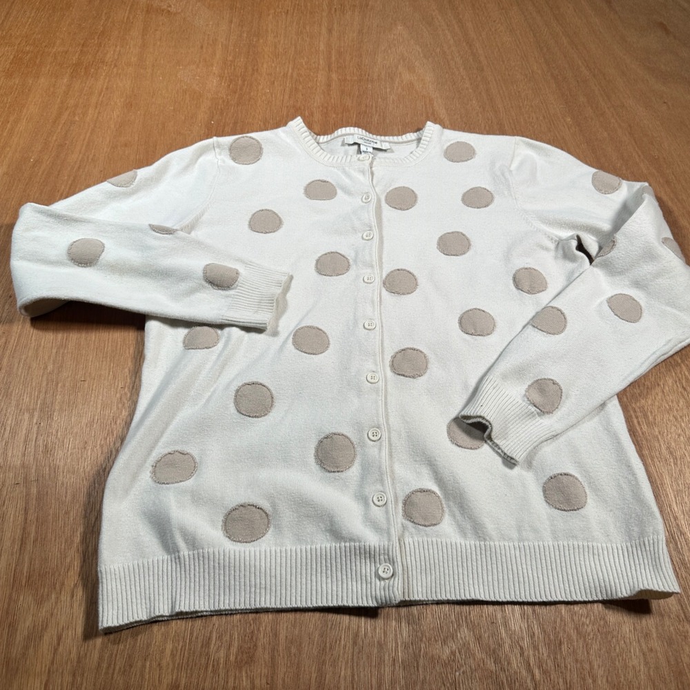 Liz Claiborne Cardigan Women Small Cream Polka Dot Button Front Knit Sweater